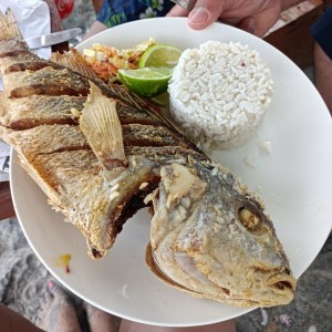 pescado frito con arroz con coco