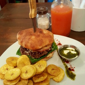 Burger w/plantain chips and homemade chimichurri