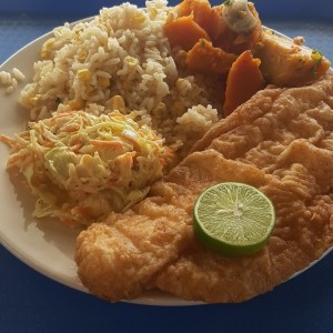 filete de pescado con arroz, vegetales y ensalada