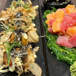 Sashimi y takoyaki