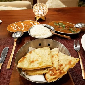 Chicken Tikka Masala, Mutton Rogan Josh, Cheese Naan, steam rice