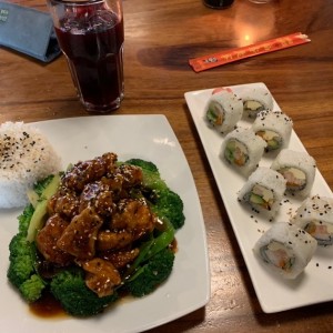 teriyaki chickend, and callifornia roll sushi