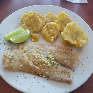 corvina al ajillo con patacones (menu ejecutivo) 