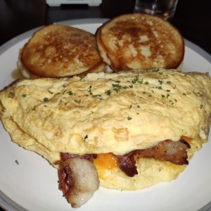 Bacon/Cheddar Omelette and Pancakes