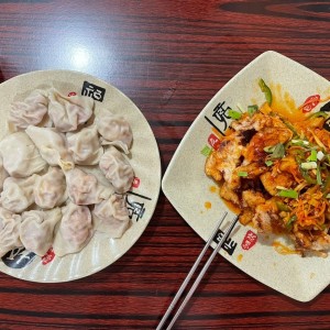 Kimchi dumpling and sweet and sour pork