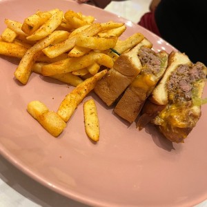 Double patty melt with spicy fries 