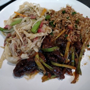 Lo Mein, Mongolian Beef and Fried rice 