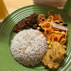 menu del dia - pure de garbanzos, arroz con coco y carne de soya molida