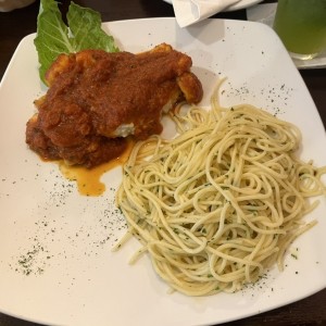 Corvina Camarones y Spaghetti 