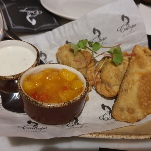 Empanadas de Cordero, Chutney de Mango con Miso y Salsa Raita