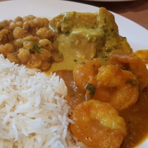 Channa Masala, Butter Chicken, Shrimp Curry and Basmati Rice