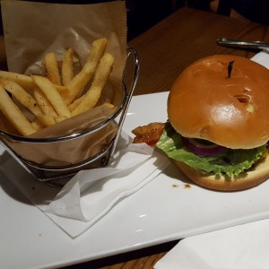 classic cheeseburger with bacon and fries