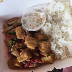 Tofu con Puerco Asado y arroz blanco DLG