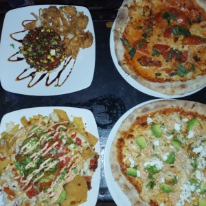 nachos, quinoa, pollo y pizzas