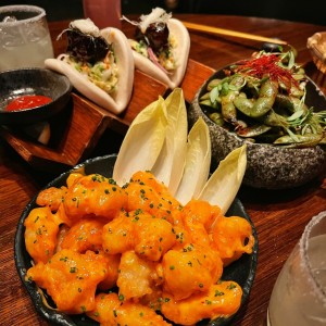 Shrimp tempura, spicy edamame, bao buns