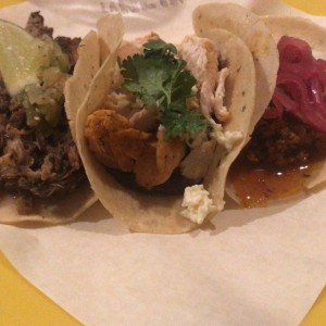 Tacos (Carnitas, Pollo pistolero, Chorizo queso)