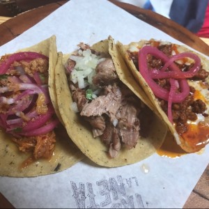 Tacos de Carnitas, Cochinita en Pibil, Chorizo