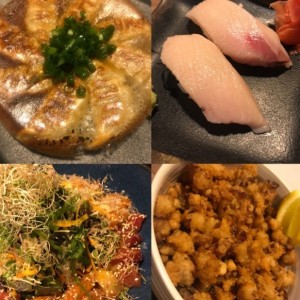 gyoza, nigiri hamachi,kaisen salad, pulpo frito