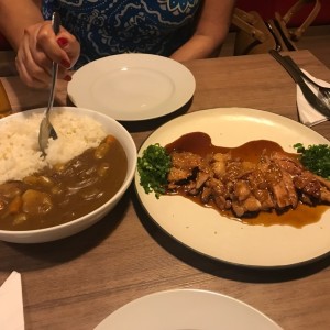 Teriyaki chiken and Curry vegetables with rice