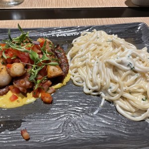 Pulpo con espaguetti en salsa blanca