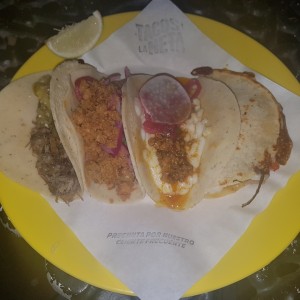 tacos: carnitas, cochinita pobil, chorizo queso y philly cheese