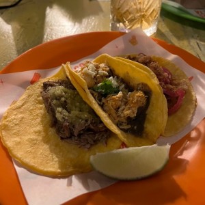 Tacos carnitas, pollo pistolero y cochinita pibil
