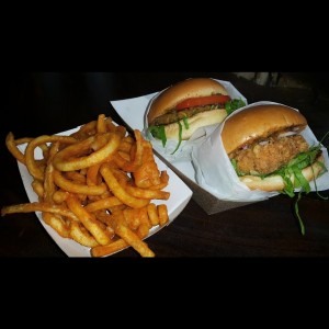 Curl Fries + Vegan Burger + Vegan Chicken Burger.