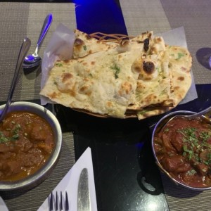 garlic naan, curry shrimp and beef kadai 