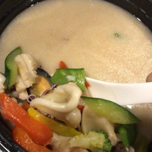 delivery spicy seadoof soup.  tasty but squid tentacles were not cleaned and still had hard tooth inside