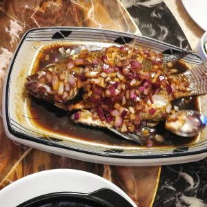 Pescado Hervido con salsa de Cebolla