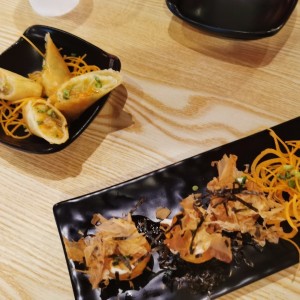 Takoyaki y spring rolls