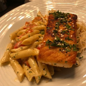 salmon con penne en salsa blanca