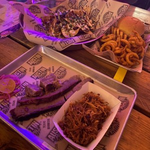 Brisket Nachos, Mama's Classic Burger, Brisket and Pulled Pork 