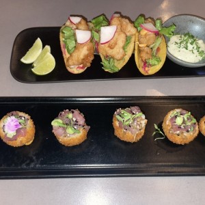 Tacos de Mero + Buñuelos de atun 