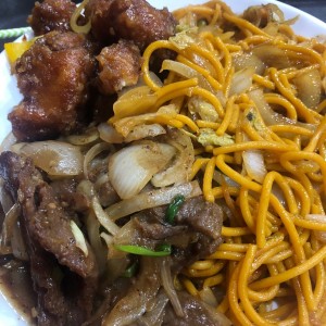 Noodles, mongolian beef and spicy chicken 