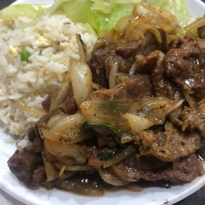 Rice, veggies and mongolian beef
