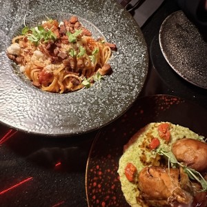 Pollo al jardin y linguini con porkbelly