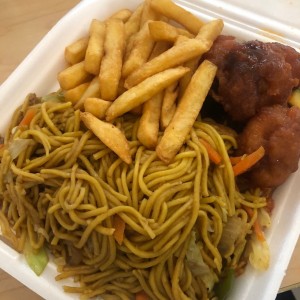 Chow Mein with sweet and sour pork 