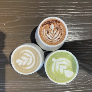 Sesame latte, mokka, matcha