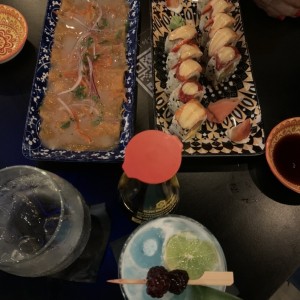 Tiradito + Strawberry Sushi + The Sands cocktail 