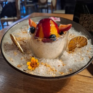 arroz con leche y sorbet de mango