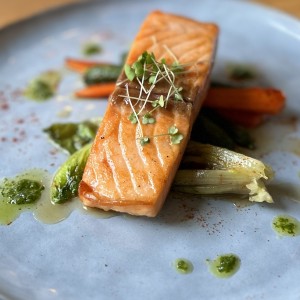 Salmón laqueado con infusión de miel sobre cama de verduras 