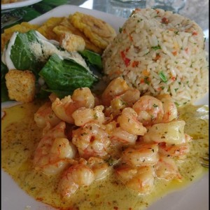 camarones al ajillo con arroz pencas. patacones aparte