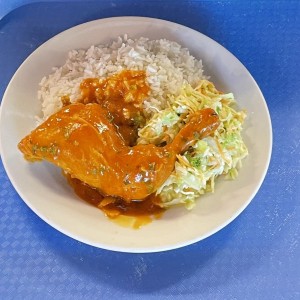 Pollo en salsa arroz y ensalada