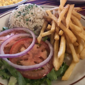 Guarniciones papas fritas, arroz y ensalada