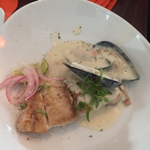 Pesca del dia, corvina en salsa blanca con almejas. 