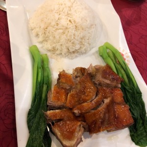 pato asado con arroz blanco