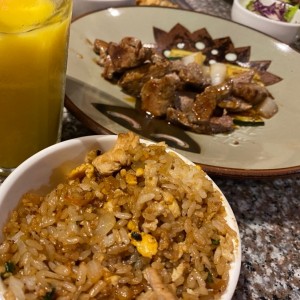 hibachi chicken rice + teriyaki steak + mango colada