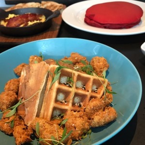 waffles and chicken / red velvet pancakes