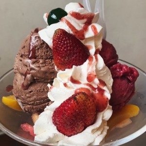 copa de frutas con helado de mora y chocolate